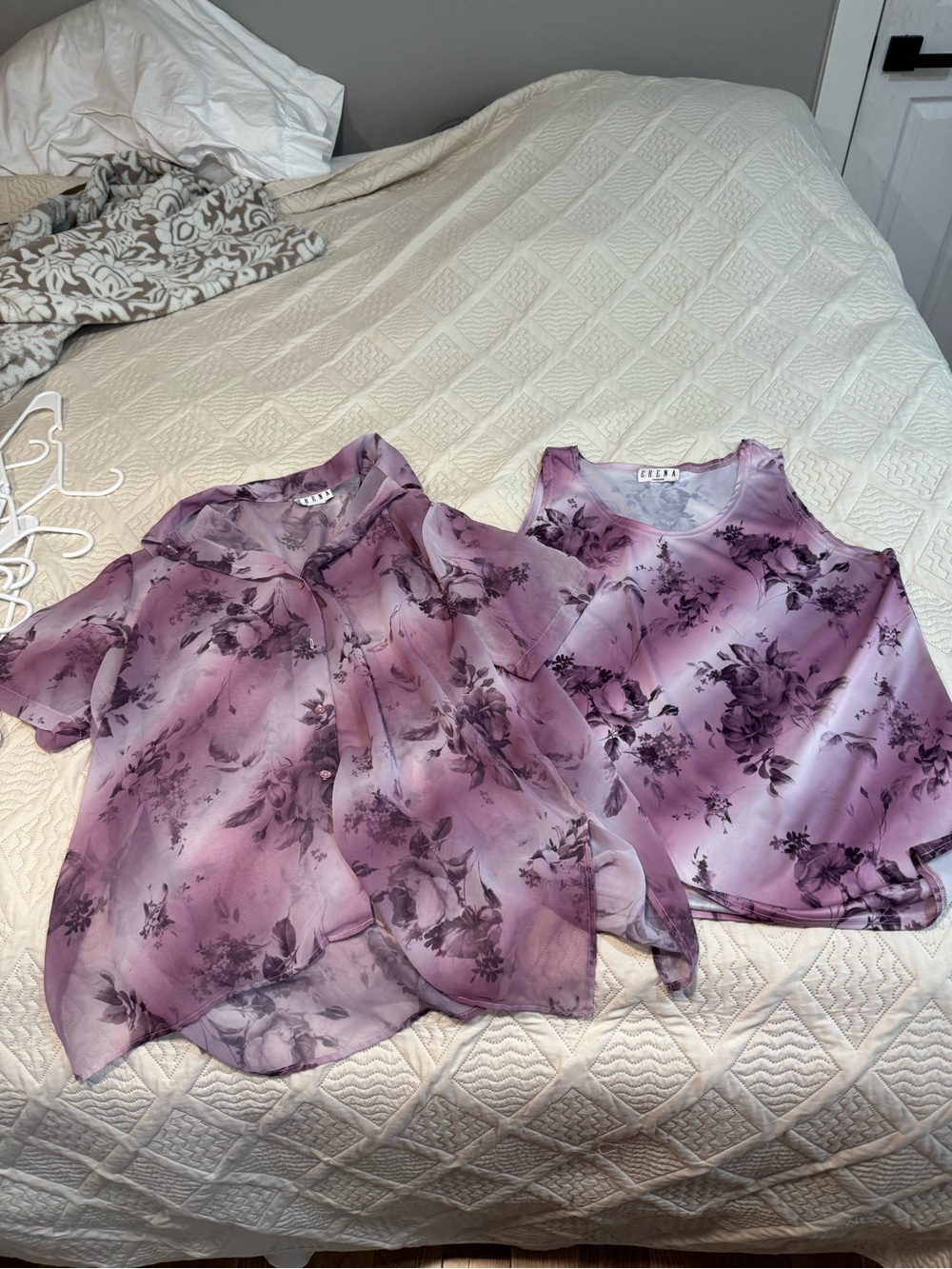 Floral Purple Women's Two-Piece Camisole Set with Sheer Blouse